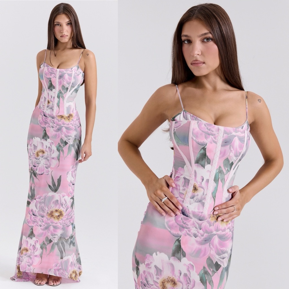 House of CB Antonia Pink Floral Corset Maxi Dress NWOT size XS Tall - Picture 4 of 16
